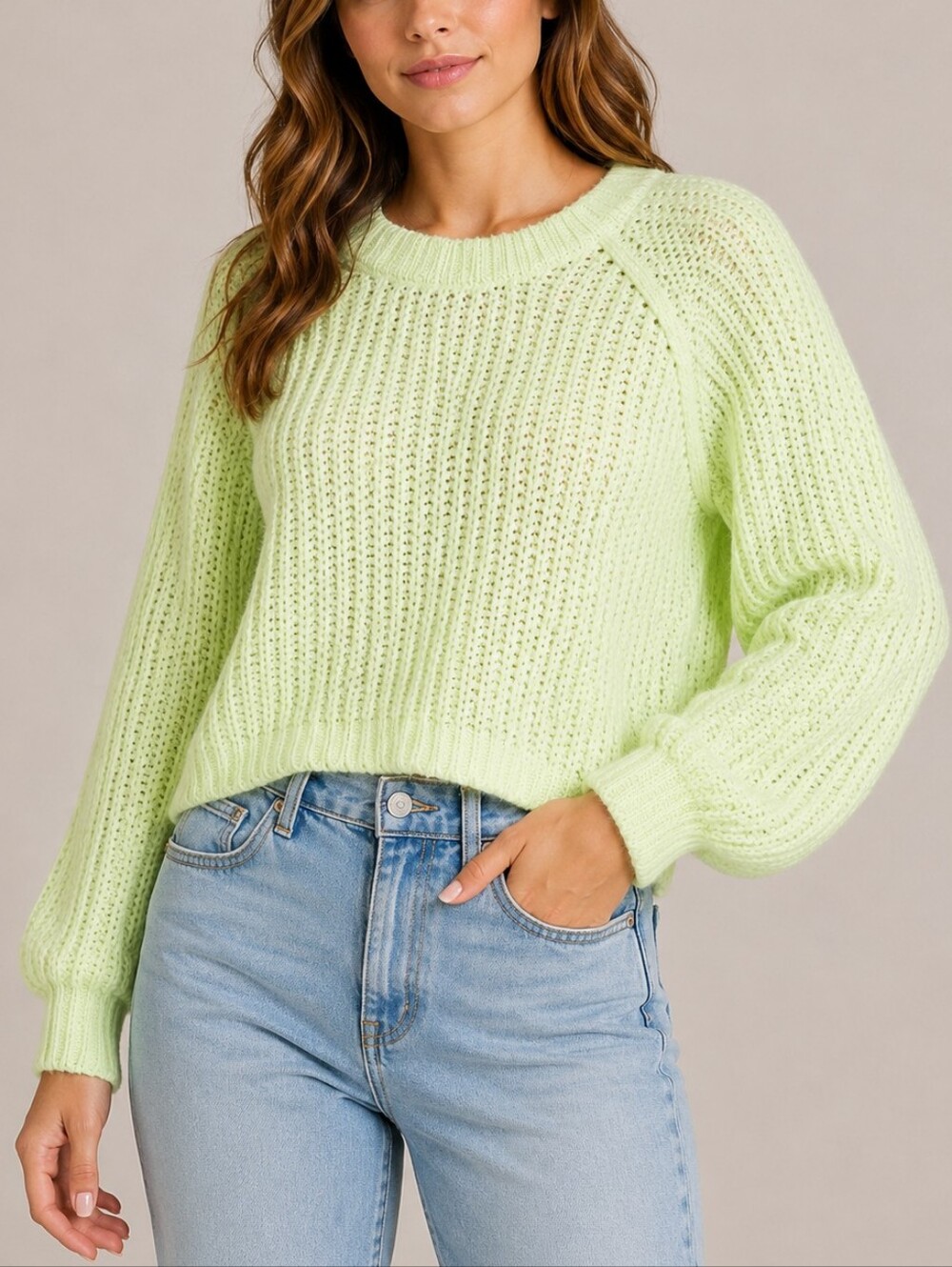 WILD FABLE | Women's Pale Neon Green Fuzzy Open Knit Sweater Size L